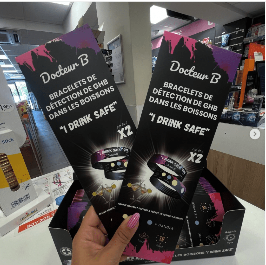 Photo des "bracelets de détection GHB dans les boissons", de la marque Docteur B. 